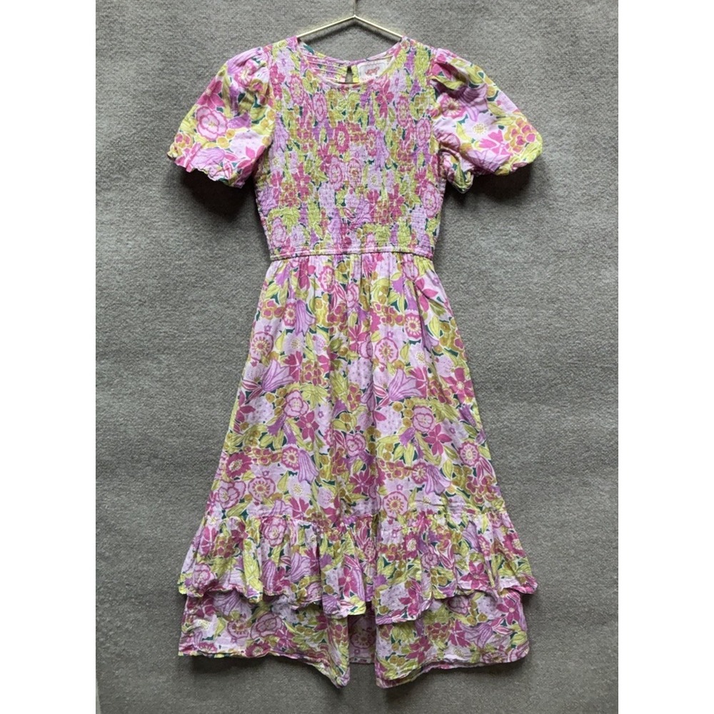 BANJANAN Women's Quant Dress Size Small Pink Floral Maxi Tier Ruffle Smock EUC